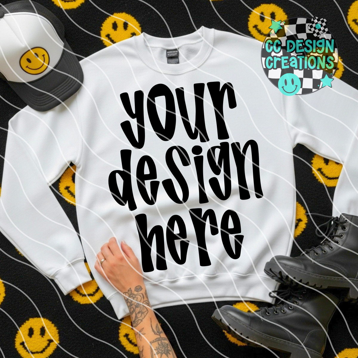 White Sweatshirt Flatlay Smiley Mock