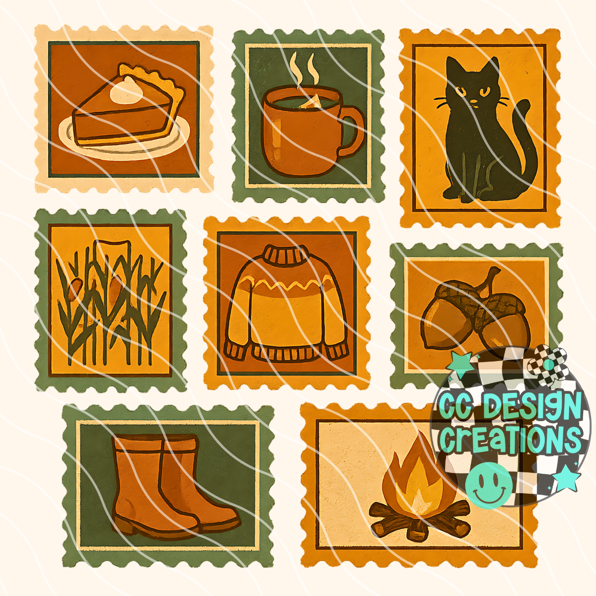 Retro Fall Stamps PNG Digital Download