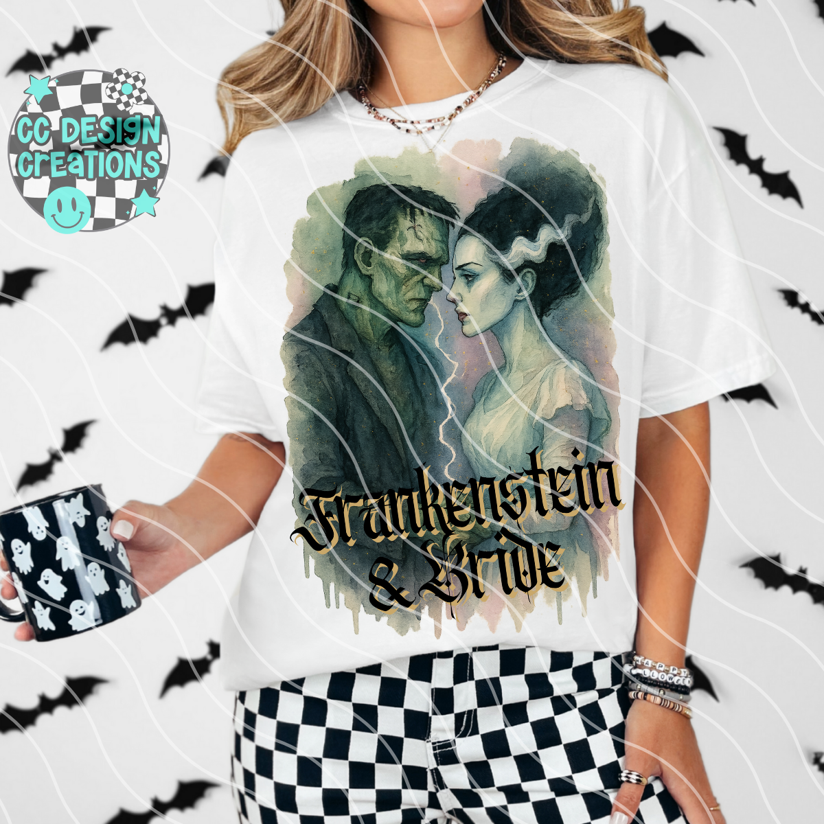 Frankenstein & Bride Horror Watercolor PNG Digital Download