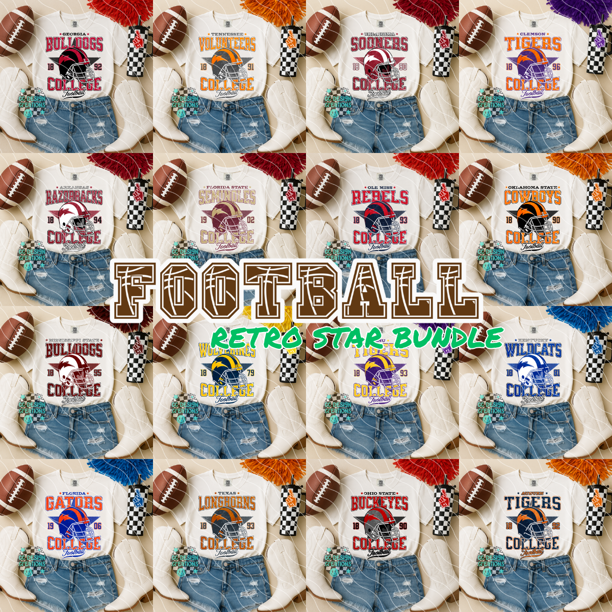 Retro All Star Football Bundle PNG Digital Download (25 Designs)