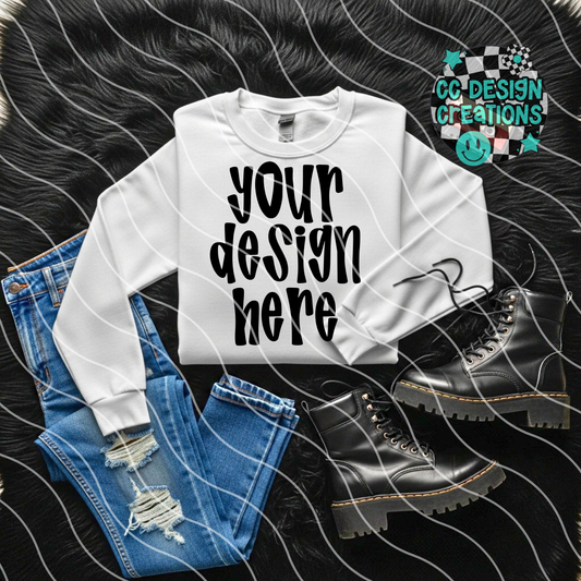 White Sweatshirt Folded Mock Black Rug Alt