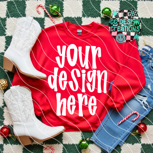 Red Sweatshirt Christmas Flatlay Checker Mock 1