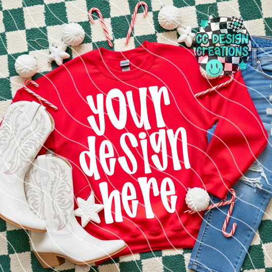 Red Sweatshirt Christmas Flatlay Checker Mock 2