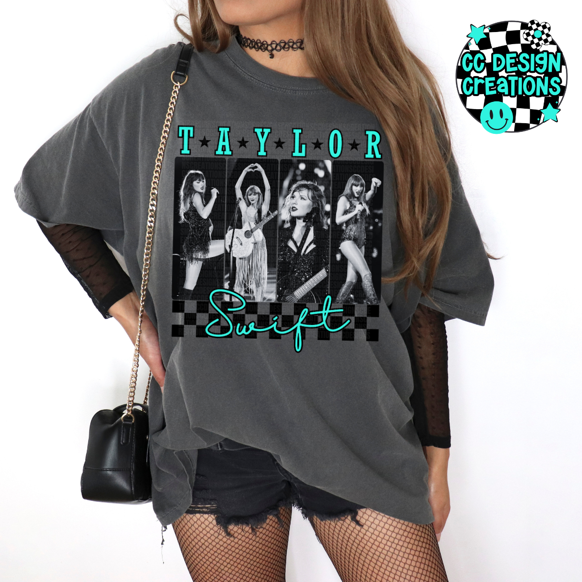 Retro Pop Music Swiftie Neon Teal/Pink Checkered PNG Digital Download