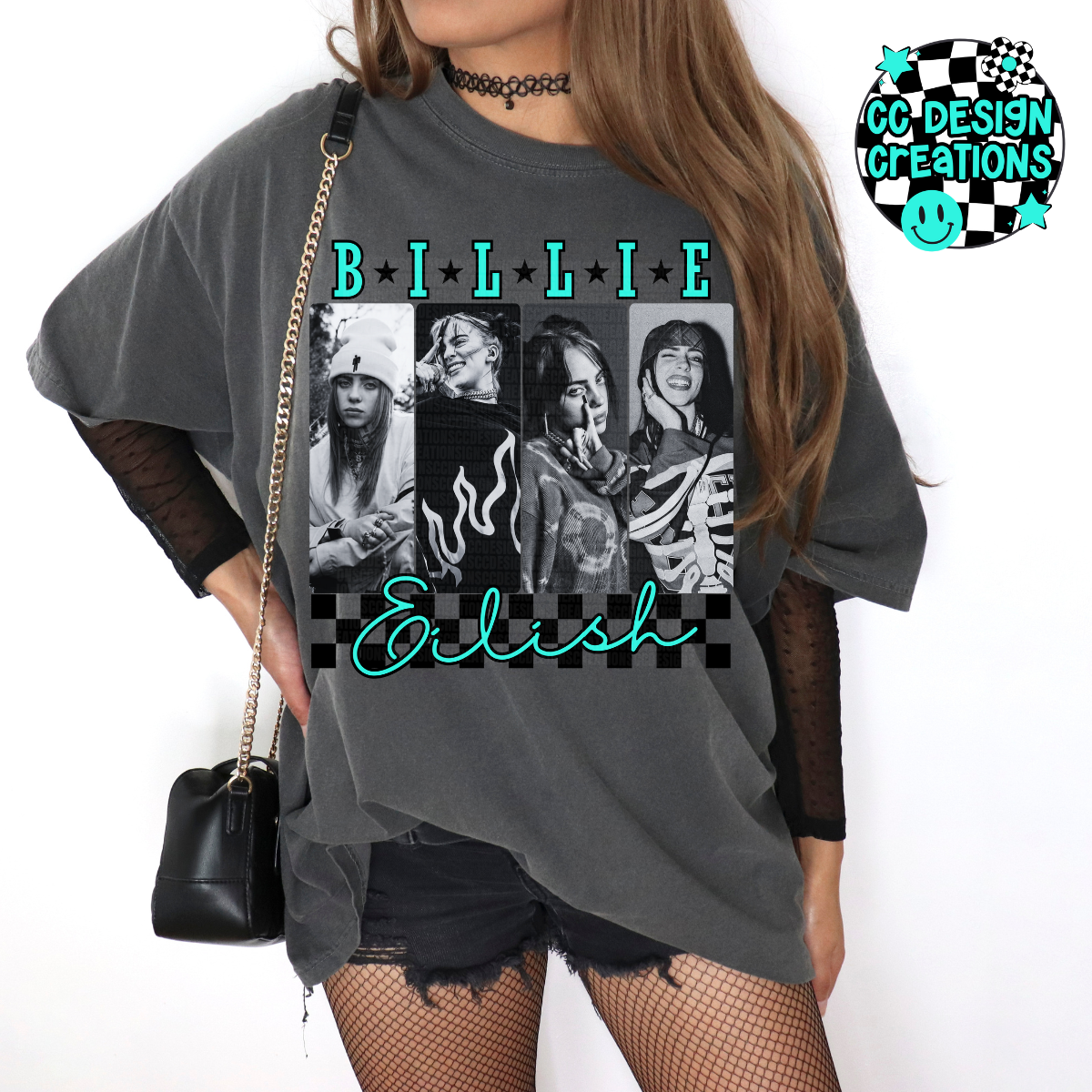 Retro Pop Music Billie Neon Teal/Pink Checkered PNG Digital Download