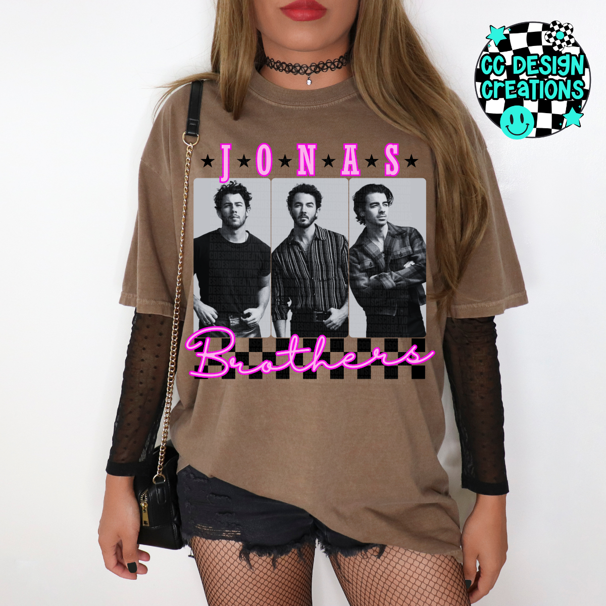 Retro Pop Music Jonas Bros Neon Teal/Pink Checkered PNG Digital Download