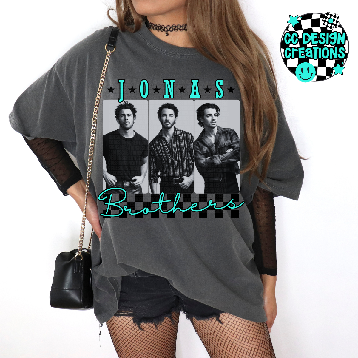 Retro Pop Music Jonas Bros Neon Teal/Pink Checkered PNG Digital Download