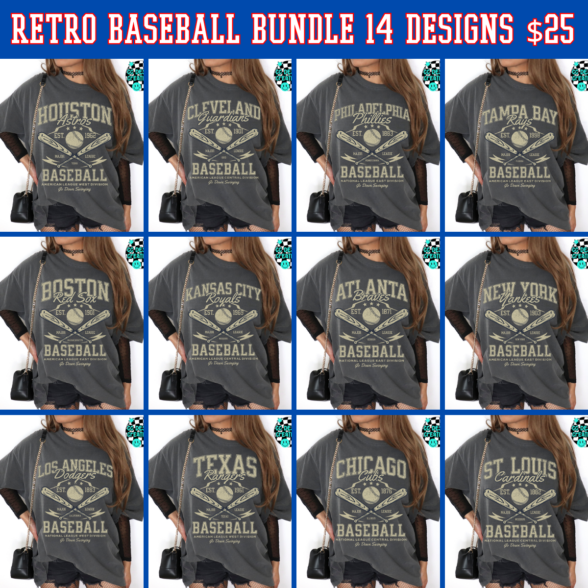 Retro Baseball PNG Bundle Digital Download 14 Designs