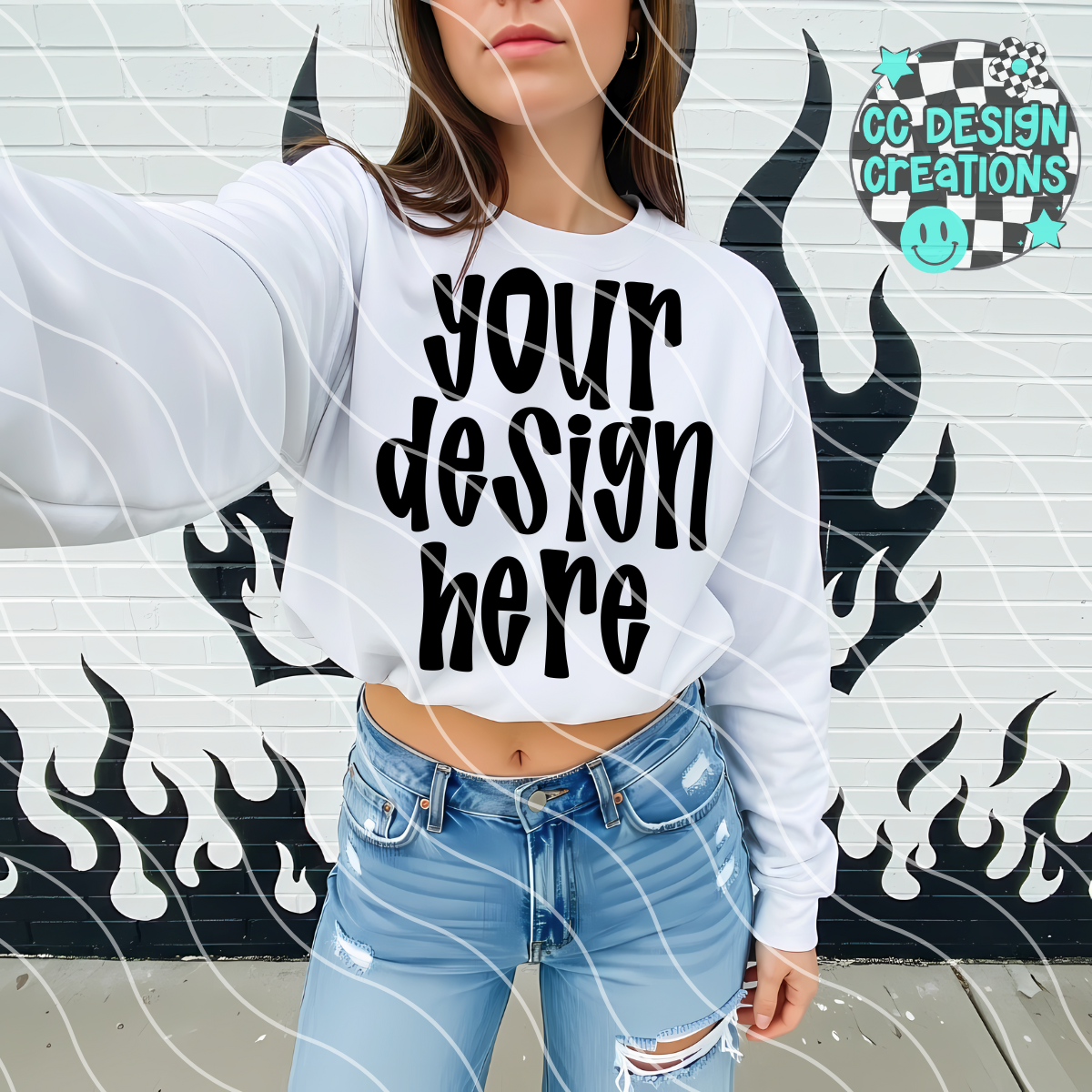 White Sweatshirt Flames MOCK