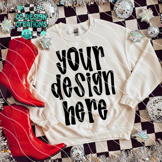 White Sweatshirt Red Boots Christmas Mock